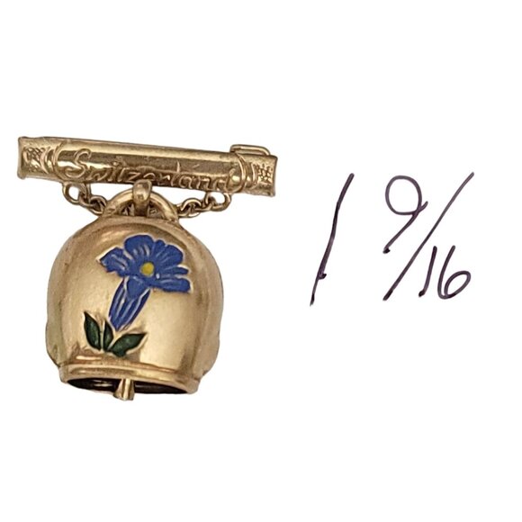 Switzerland Bar Pin With Bell Dangle, Blue Enamel Flower Pin Brooch - Picture 9 of 11